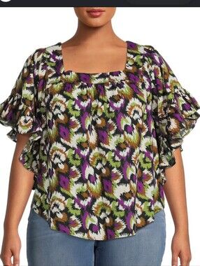 Floral Print Ruffled Women’s Top in Purple and Olive